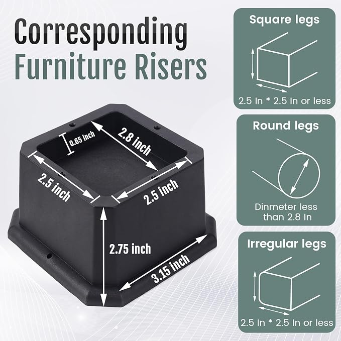 BTSD-home Bed Risers 2, 3 or 4 Inch Heavy Duty Furniture Risers Adjustable Dorm Bed Lifts Risers Table Desks Legs Blocks 4 Pack Black