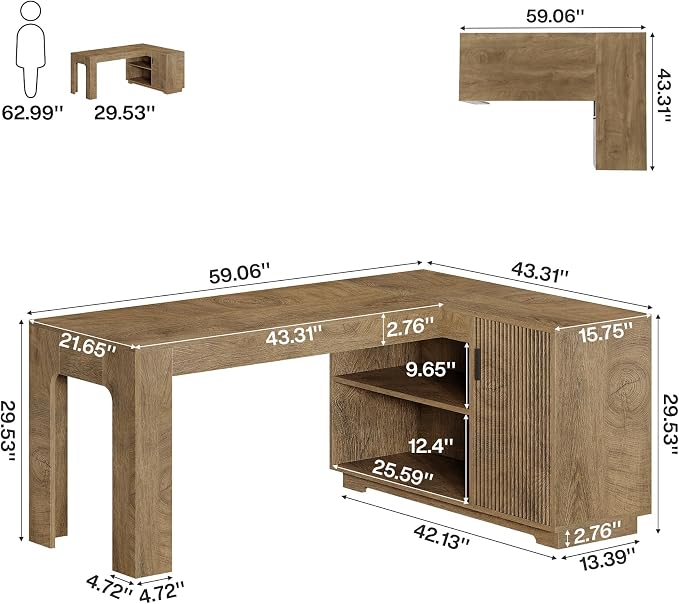 Tribesigns L-Shaped Desk with Storage Cabinet, 59-Inch Farmhouse Corner Computer Desk with Open Storage Shelves, Home Office, Gaming, Reading, Study, Brown