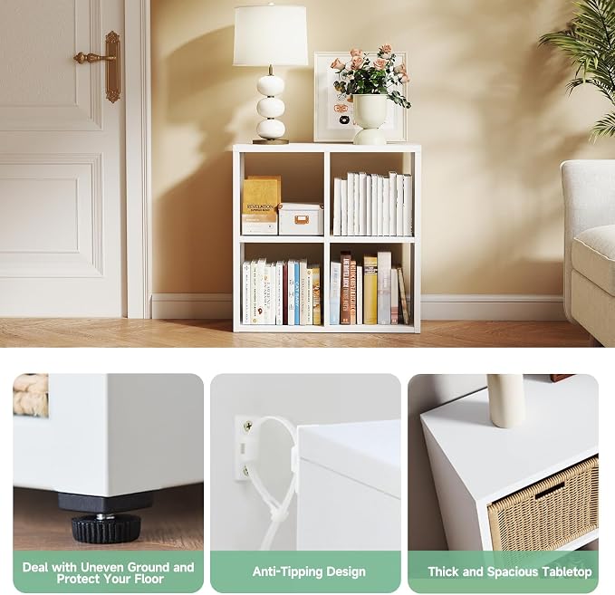 IRONMIX White Cube Storage Organizer with 4 Storage Basket, Metal Short Bookshelf with Storage, 2 Tier Horizontal Bookshelf, Small Cube Bookcase for Home Office Library (White, 700+1037 with Basket)