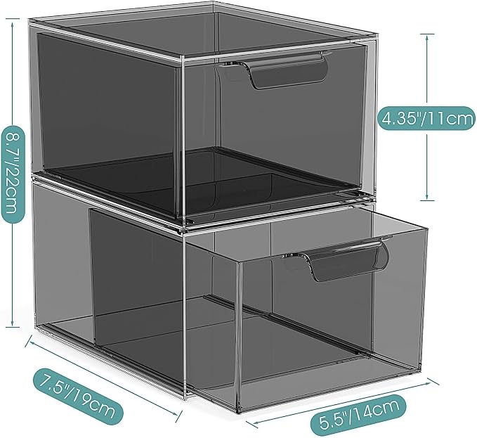 SpaceHacks 6 Pack Stackable Makeup Organizer and Storage, Acrylic Organizers，Clear Plastic Storage Drawer with Pull-Out Handles for Vanity, Undersink, Kitchen Cabinets, Pantry, Black