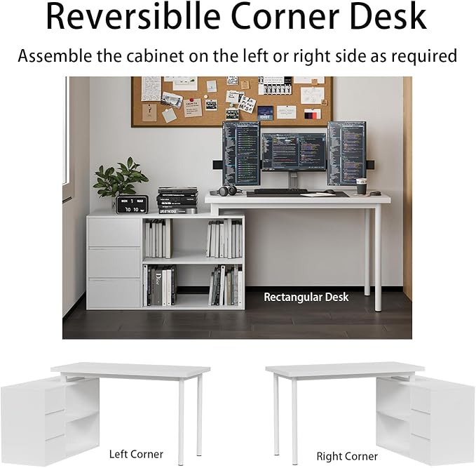 Mekminop L Shape Computer Desk with 3 Drawers and 2 Shelves, Home Office Desk Corner Small Desk with Storage Cabinet for Writing Study Executive – White