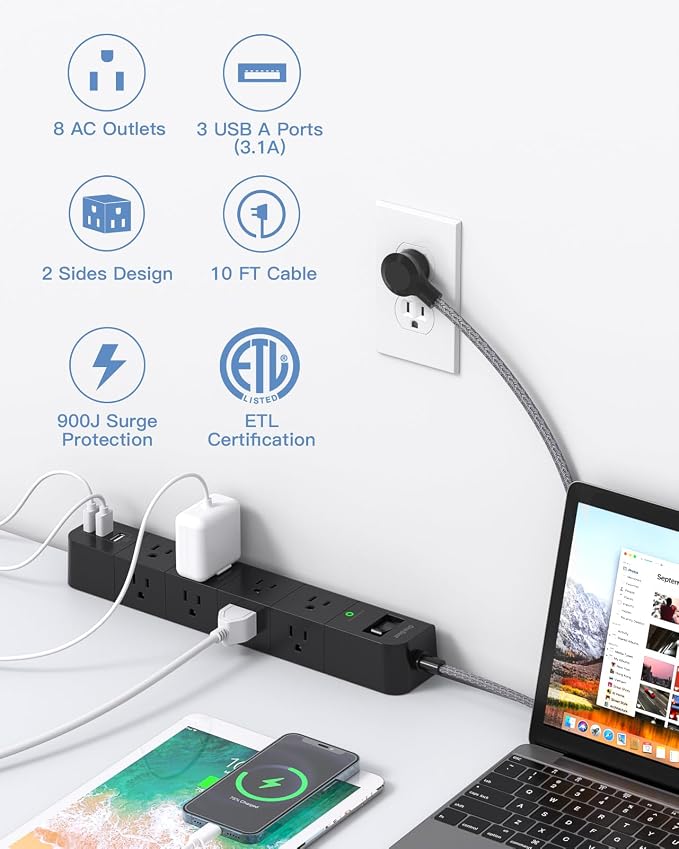 10 ft Surge Protector Power Strip, Flat Plug Extension Cord with 8 Widely Spaced AC Outlets and 3 USB Ports, ETL Listed Desktop Charging Station for Home Office Travel Computer Wall Mount, Black