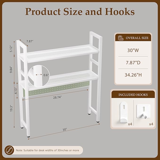 Brakki 2-Tier Desk Shelf, Desk Hutch Bookshelf, Desktop Shelf Bookcase with Pegboard and Hooks for Computer Monitor, Metal Desktop Hutch Storage Organizer for Dorm Home Office, 30" W， White Green