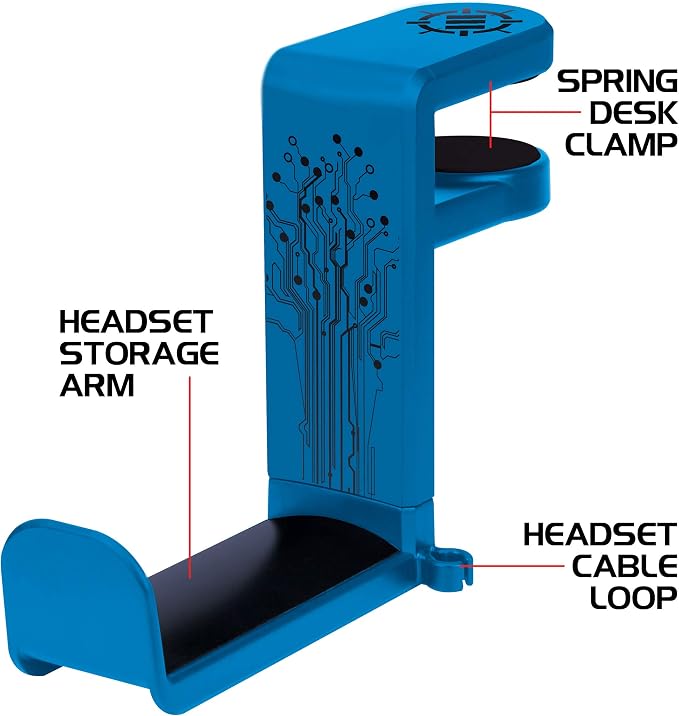 ENHANCE PC Gaming Headphone Holder - Desk Headphone Hanger Esports Headset Holder with Adjustable 360 Rotation, Under Desk Headphone Hook Clamp, Universal Fit, & Built in Cable Clip Organizer - Blue