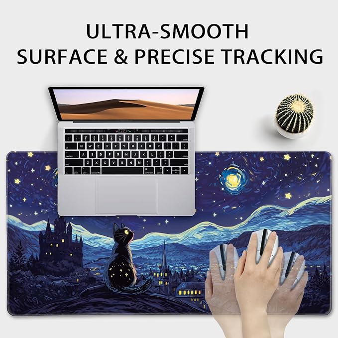 Starry Night Cat Large Mouse Pad, 31.5"x15.7" Desk Mat, Anti-Slip Rubber Base Keyboard Pad with Stitched Edges, Water-Resistant Smooth Desk Blotter, Computer Mat for Home Office Desk