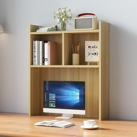 Desk Hutch Dorm, Desktop Bookshelf Organizer, Multifunctional Wooden Shelf Rack with Storage for Dorm Room, Office, Study, Space-Saving Design(Light Walnut,27.5x7.8x35.4in)