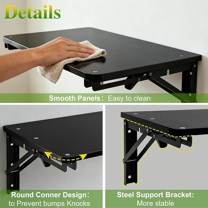 Wooden Folding Shelf Wall Mounted for Small Space, Wall Table for Living Room Bedroom Decor, Home Office Fold Down Desk, Media Shelves with Heavy-Duty Brackets Holds Up to 30lbs, 21.6"*11.8", Black