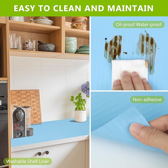 Shelf Drawer Liner for Kitchen Cabinets, Durable Pantry Shelving Liners for Tool Box Closet Refrigerator Non Stick Waterproof Plastic Cabinet Protector Liners Mat Washable, Blue 23.6 x 393.7 inches