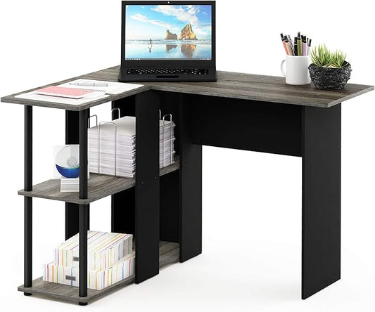 Furinno Abbott L-Shape Computer Desk with Bookshelf, French Oak Grey/Black