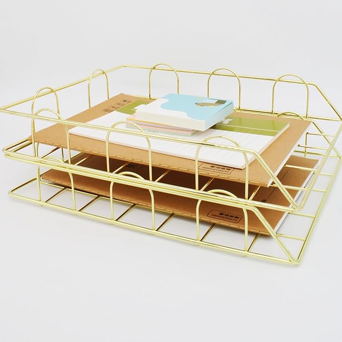 JIARI 2 Pack Desk Organizer Stackable Letter Tray Paper Organizer, Metal Desk Organizer Tray for Letter/A4 Paper Storage, for Office Supplies (Gold 2 Pack)