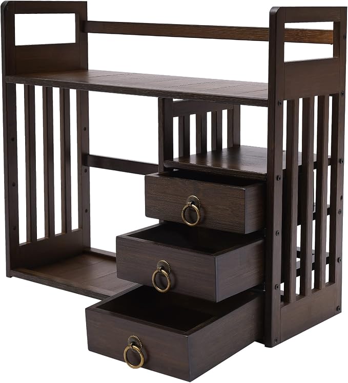 CNCEST Desktop Bookshelf Organizer, Office Shelves Storage Rack, Natural MDF Display Stand Shelf, Office Supplies Home Desk Decor (Nut-Brown)