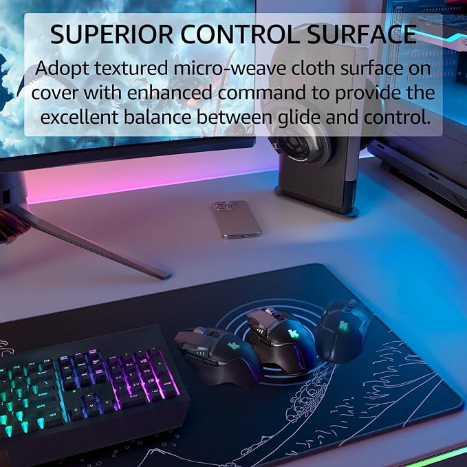 KTRIO Large Gaming Mouse Pad, Desk Mat, 31.5 x 11.8 in, Kanagawa Wave, XL | Smooth Micro-Weave Surface, Artistic Pattern Design, Non-Slip Rubber Base, Durable Stitched Edges, Office & Home Use