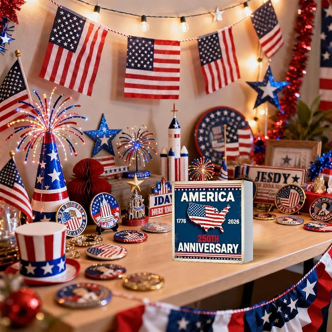 Patriotic Wooden Box Sign,1776-2026 Anniversary 4th Of July Signs Home Decor,Independence Memorial Day Block Sign for Desk Shelf Tabletop Decor