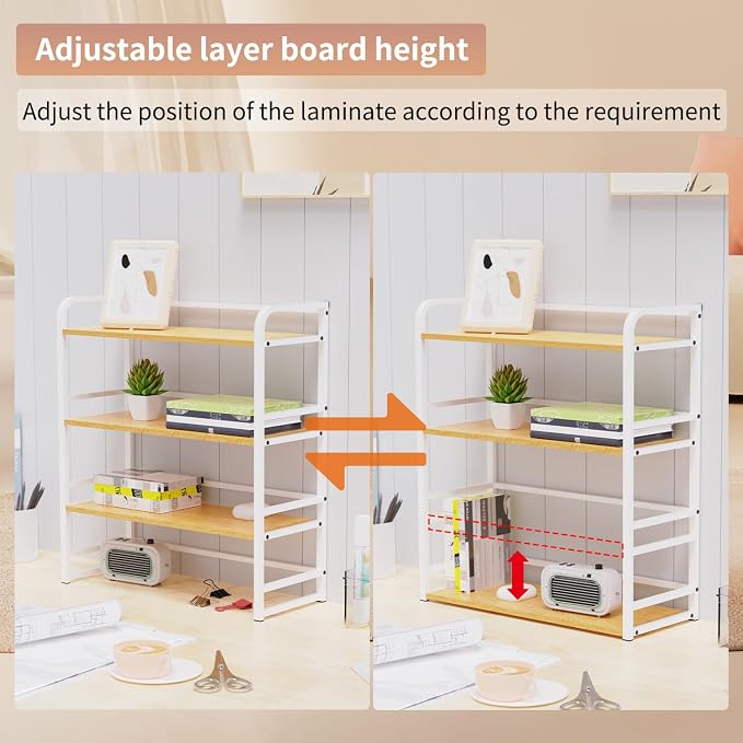 Office Desk Shelf Organizer, Wood Desktop Bookshelf Supplies Storage Rack, Shelf for Top of Desk and Dresser and Cubicle Decor Aesthetic Bookshelf (White Wood, Three Tier, 19.69Lx7.87Wx22.05H)