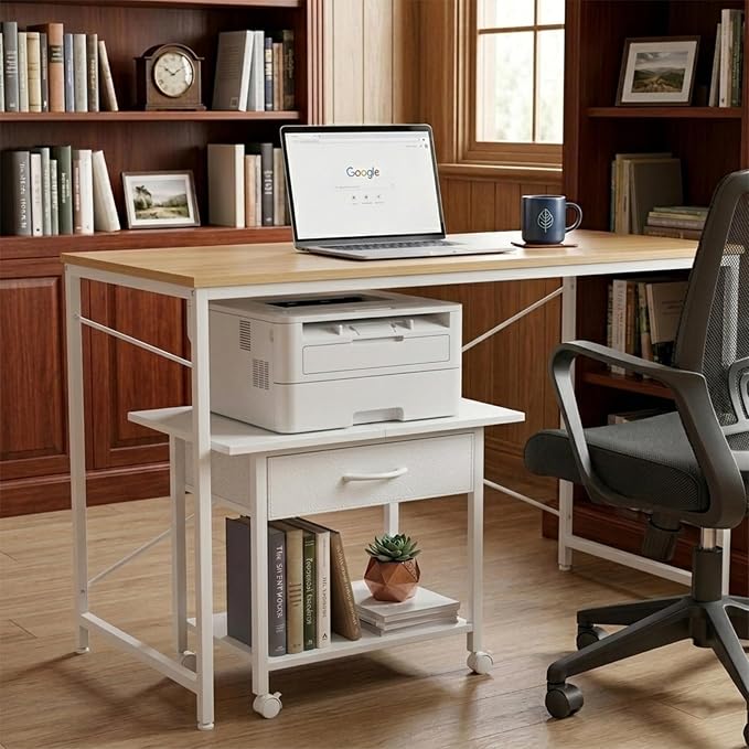 22" x 15" Under Desk Rolling Printer Stand, 2-Tier Industrial Mobile Printer Table with Strong Fabric Drawer, Storage Shelf, Steel Frame and Lockable Wheels, Printer Cart for Home Office (White)