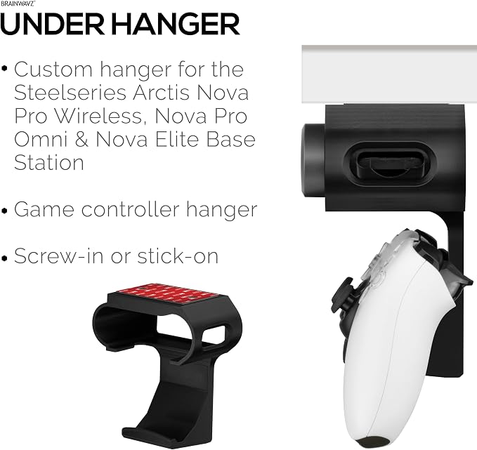BRAINWAVZ Under Desk Mount & Game Controller Hanger for SteelSeries Arctis Nova Pro, Elite and Pro Omni Wireless Base Station – Easy Install with Screws or VHB Tape – Clean, Organized Gaming Setup