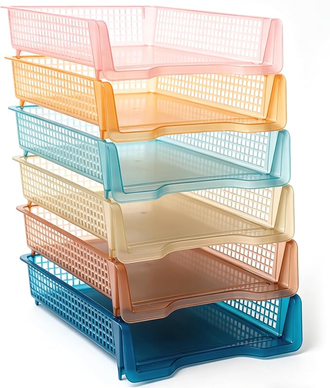 Geetery Set of 6 Plastic Trays for Teachers Turn in Trays Classroom Stackable Paper Tray Plastic Classroom Teachers Desk Letter Organizer Storage Baskets for Office, Desk, Home (Clear Boho Color)
