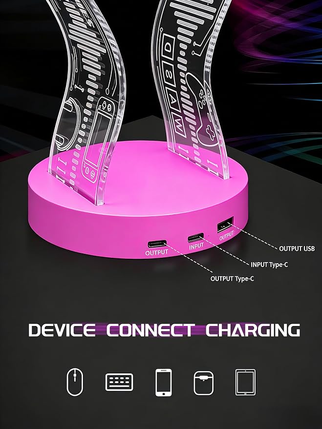 CoolGift Mart Light Up Headphone Stand with 16 Color Lights, Game Pattern Acrylic Headset Stand with 1 USB and 1 Type-C Charging Ports, Gifts for Girls Women Gamers and Music Lovers