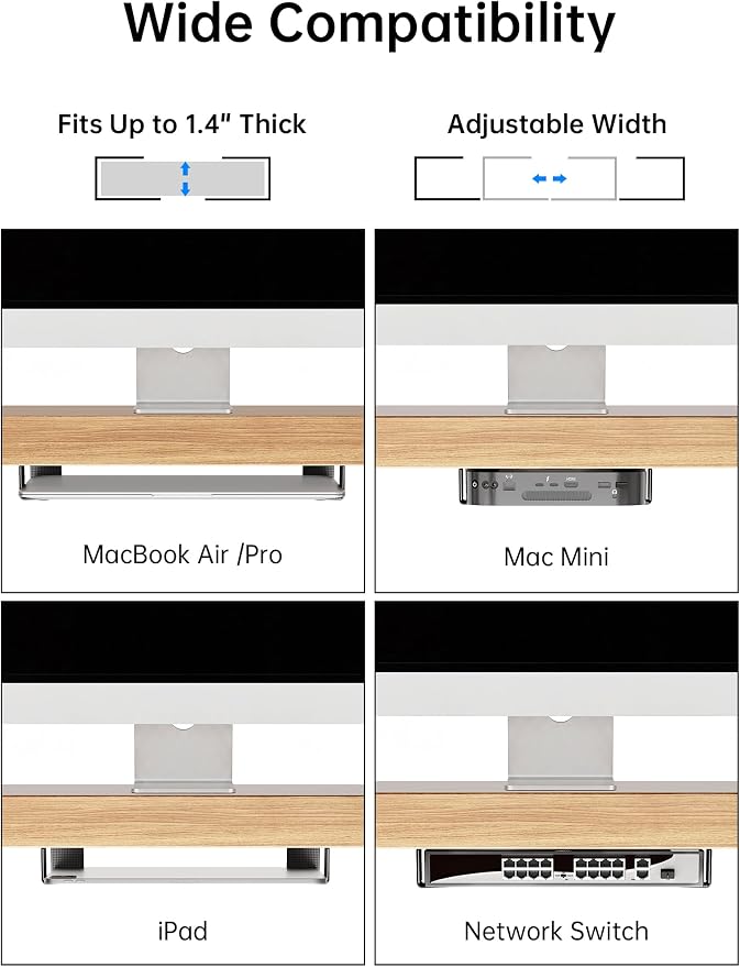 NiHome Under Desk Laptop Mount & Wall Holder, Adjustable Metal Bracket for MacBook, Keyboard, Tablet, Fits Devices up to 35mm, Screw or Adhesive Install, Space-Saving Tray Under-Desk Storage