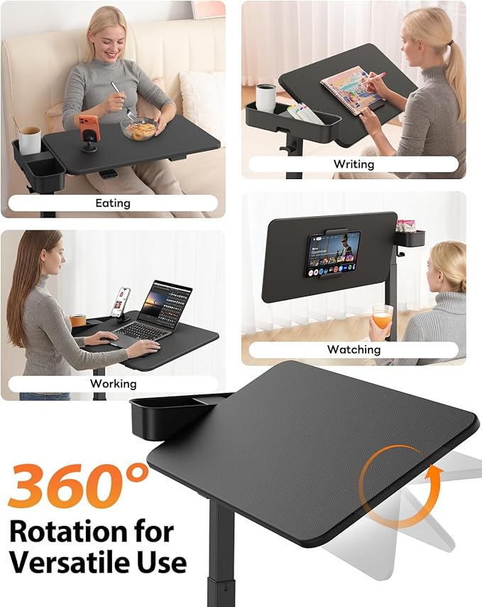 SAIJI Magnetic Overbed Bedside Table with Wheels, Height and 360° Angle Adjustable Over Bed Desk with Led Light, Portable Lengthened Rolling Laptop Standing Desk Mobile Bed Tables Hospital Home Use