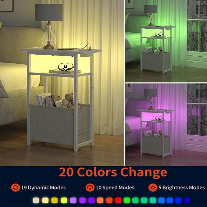 sthmec Narrow Side Table with Charging Station, LED End Table for Small Spaces, White Skinny Nightstands with Storage Basket, 3 Tier Sofa Bedside Tables for Living Room,Bedroom, White