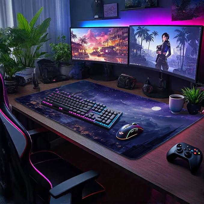 Fantasy Castle Night Scene Large Gaming Mouse Pad 31.5"x15.7"｜XXL Desk Mat, Non-Slip Rubber Base & Stitched Edges - Extended Waterproof Mousepad for PC/Laptop/Office/Home Decor