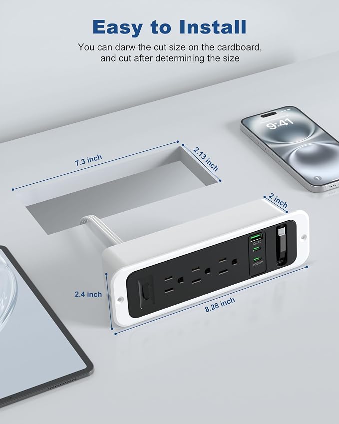Recessed Power Strip with Retractable USB C Cable,2 PD 20W USB C,Flush Mount Countertop Drawer Outlet, Furniture Hidden Outlet for Side Table,End Table,3 Outlets (Black and White, 6FT-20W)