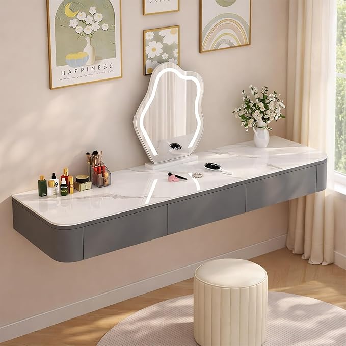 Floating Makeup Vanity Desk With Drawers Wall Mounted Makeup Table With Storage Fully Assembled Floating Vanity Desk Space Saving Modern Dressing Table For Bedroom Closet(Gray Marble,55.1")