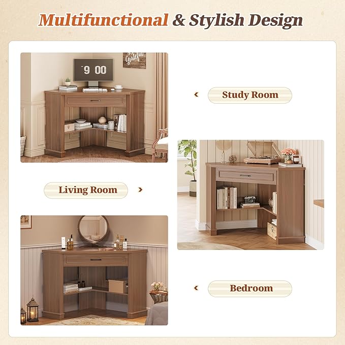 SEDETA Corner Desk for Small Space, Corner Computer Desk, Small Computer Desk with Drawers and Storage Shelves for Home Office, Living Room, Bedroom, Brown