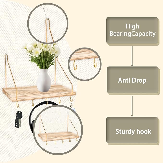3-Pack Cubicle Shelf For Fabric Walls With Hooks：12x6.0in Wooden Cubicle Shelf Hanging Organizer Gold Shelves For Accessories Office Stylish Ations cubical Decorations For Women Desk work storage