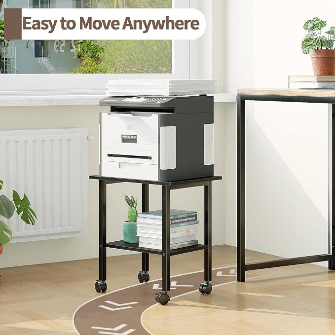 2 Tier Printer Stand with Storage, Under Desk Printer Table, Space-Saving Printer Table with Locking Wheels, Rolling Printer Cart for Home Office, Black