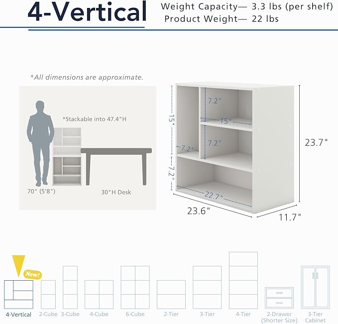 Homes: Inside + Out Apexa 4-Vertical Storage Organizer Shelves, Stackable Wood Bookcase for Organization, Dorm Teen Room Decor & Home Office, Taupe Grey