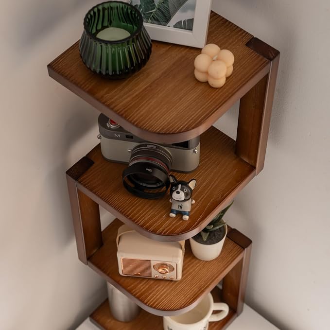 Corner Shelf Stand Desk Organizer,26.8" H Rubberwood Brown Rack for Small Spaces, Bedroom,Home Office,Kitchen,Bathroom (Walnut, 4 Tier)