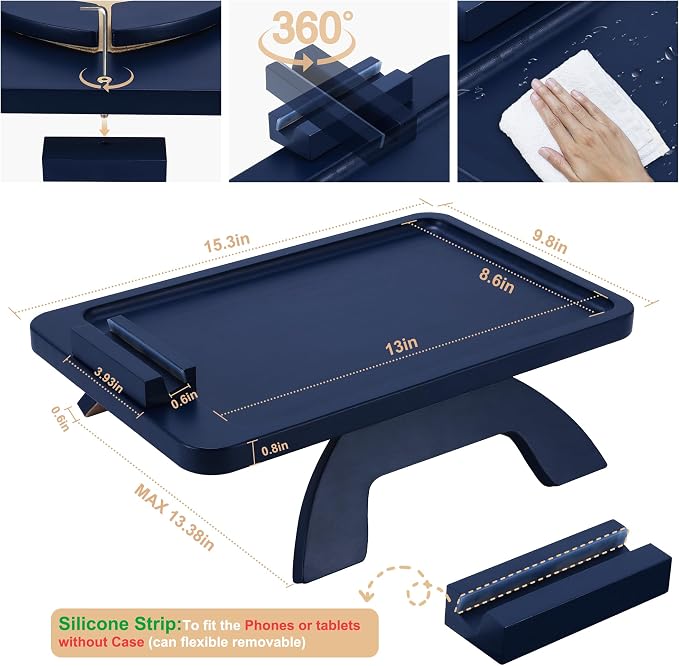 SINWANT Couch Armrest Table, Bamboo Couch Arm Table with 360° Phone Holder,Foldable Sofa Arm Tray for Eating Drinking Snacks Remote on Chair Armrest