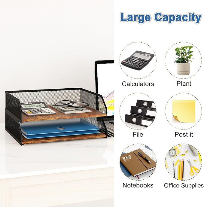 Natwind 2-Tier Stackable Paper Tray, Metal Mesh Desktop Organizer, Paper Sorter, Letter Trays, File Document Storage Rack for Home, Office, School, Retro