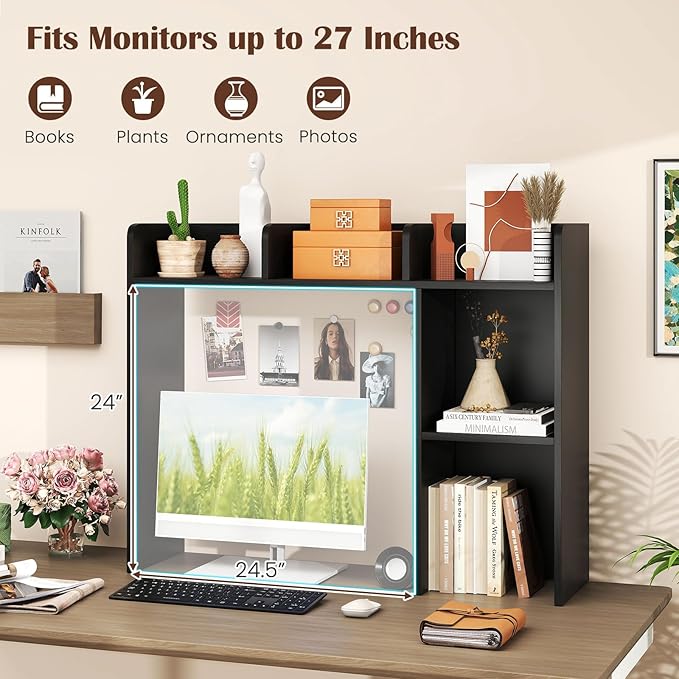 MAT EXPERT Desk Organizer, Wooden Desktop Shelf for 27 Inch Monitor with 5 Shelves & Non-Slip Foot Pads, Anti-Tipping Device, Multipurpose Desk Hutch for Study, Office, Dorm (Black)