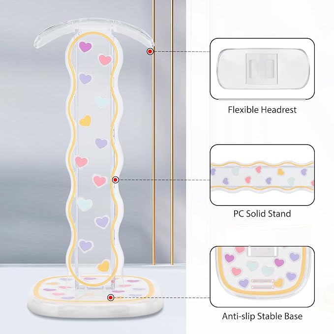 CamyCosy Headphone Holder for Desk, Gaming Headset & Earphone Stand - Clear Love Hearts Pattern Desk Accessory