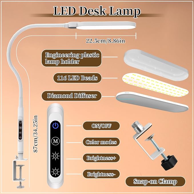 BQAN LED Desk Lamp with Clamp - 15W Eye-Caring Clip on Light, Flexible Gooseneck Lamp for Home Office, 5 Color Modes & 9 Brightness Levels for Reading, Studying, Work