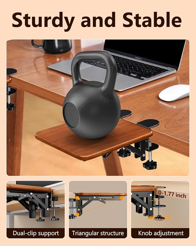 Ergonomic Desk Extender Tray, 8.2"x7.6" Table Mount Arm Wrist Rest Shelf, 90° Foldable Elbow Support, Sturdy Mouse Arm Support,Clamp on Computer Arm Rest for Desk, Office & Home Use,Wood