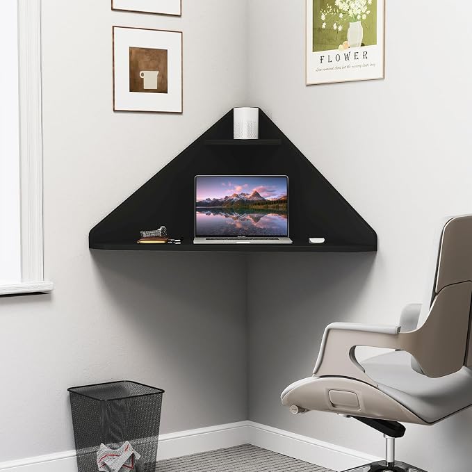 GOFLAME Floating Corner Desk, Wall Mounted Triangular Computer Desk w/Storage Shelf, Space-Saving Design, 90° Wooden Floating Home Office Desk for Writing, Working, Studying (Black)