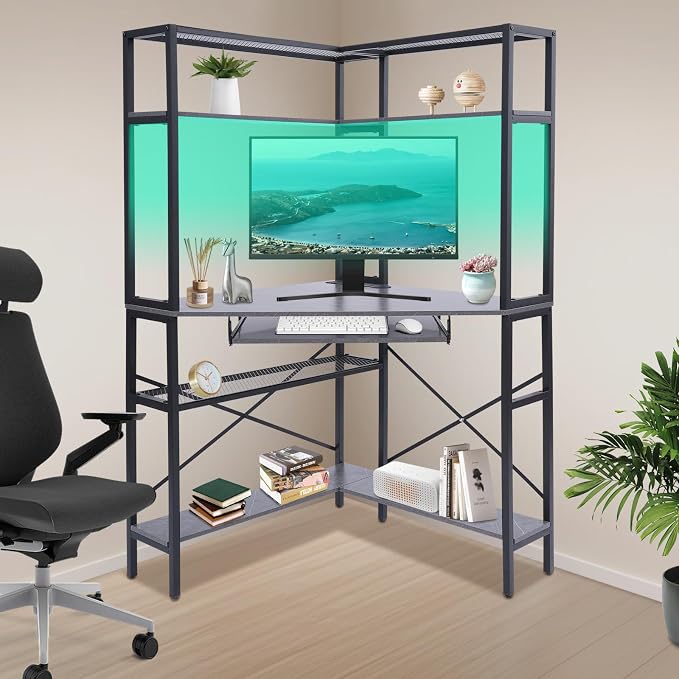 Corner Desk, Corner Computer Desk with Power Outlets, 29.5x29.5x60in Gaming Desk with LED Light Strip & Storage Shelves for Home Office and Small Space (Gray)
