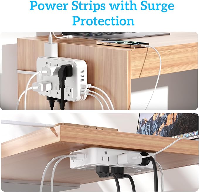 18-in-1 Flat Plug Power Strip Surge Protector Extension Cord-15Ft | 12 AC,6 USB,45° Flat Plug 0.31", 1250W/10A,1440J Surge Protection,ETL Listed,Mountable
