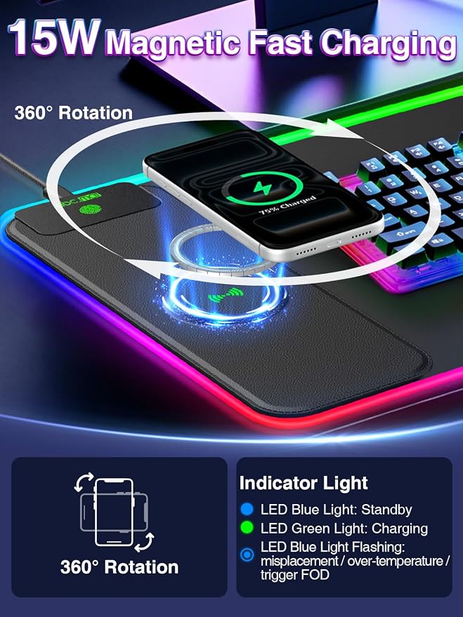 XL RGB Gaming Mouse Pad with 15W Magnetic Wireless Charging, 31.5'' x 11.8'' Extra Large LED Mousepad, 24 Lighting Effects Desk Mat with Non-Slip Rubber Base, Waterproof Ultra-Smooth Surface