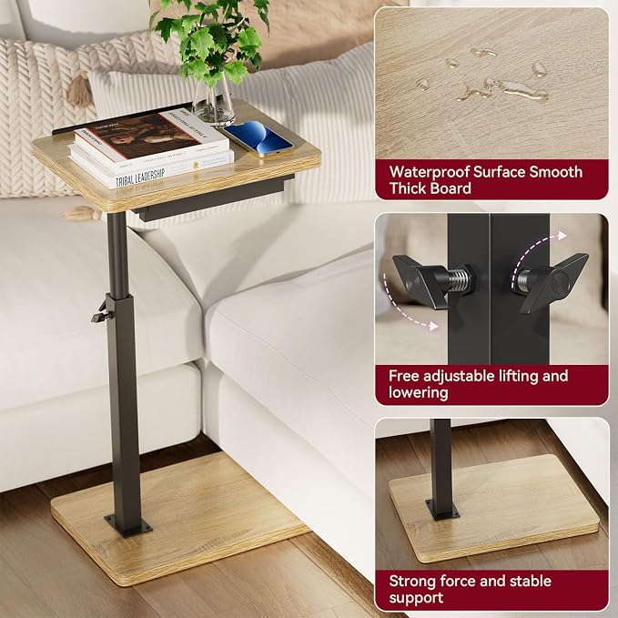 IBUYKE C Shaped Side Table, Angle Adjustable, 360° Swivel Height Adjustable End Table for Small Spaces, for Phone Computer & Tablet, Modern Small Coffee Snack Table for Sofa/Bed, Natural UTVT004R