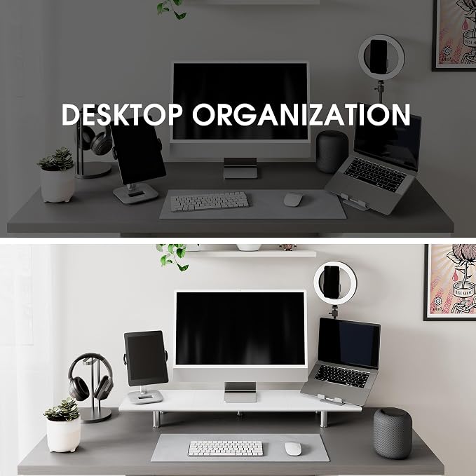 Fenge 39.4 Inch Dual Monitor Stand, Height Adjustable Monitor Riser Stand for Desk, Wooden & Steel Monitor Shelf for 2 Computers up to 99lbs, Stable Desk Organizer for PC Laptop TV, White