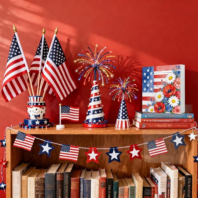 Patriotic Wooden Box Sign,Stars And Stripes Floral 4th Of July Signs Home Decor,Independence Memorial Day Block Sign for Desk Shelf Tabletop Decor