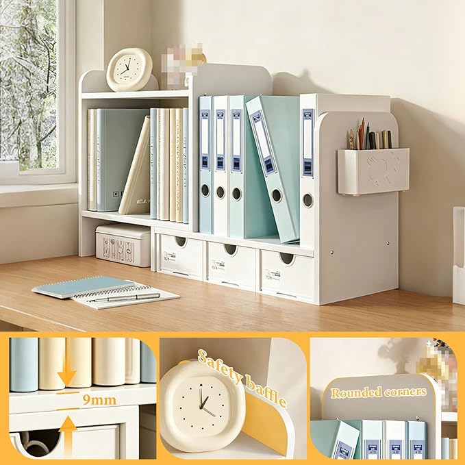 Expandable Desk Hutch Organizer, Desk Storage Rack with Drawers, Corner Desktop Bookshelf Holder for Home Office Workspace Organization
