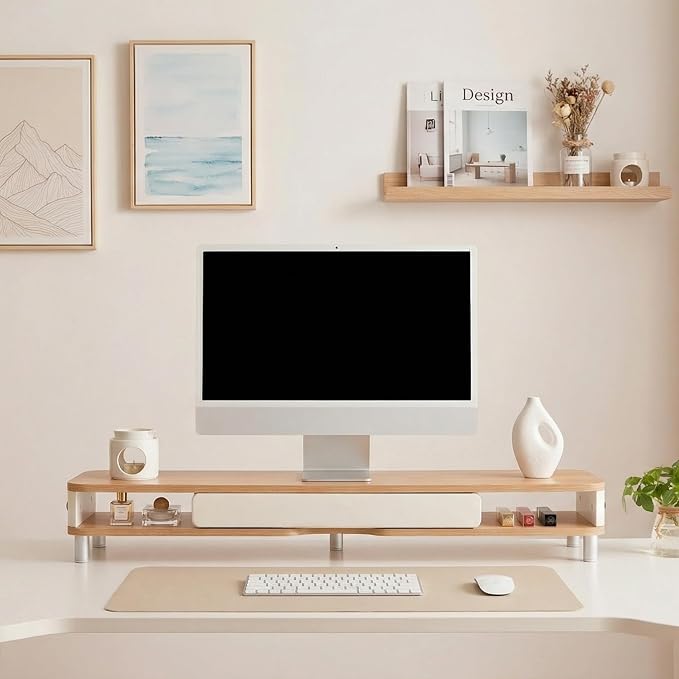Fenge Monitor Stand with Large Drawer, 42.5 Inch Dual Monitor Riser for 2 Monitors, Ergonomic Computer Desk Shelf with Soft Touch Leather & Storage Organizer for Laptop, Computer, TV, PC, Printers