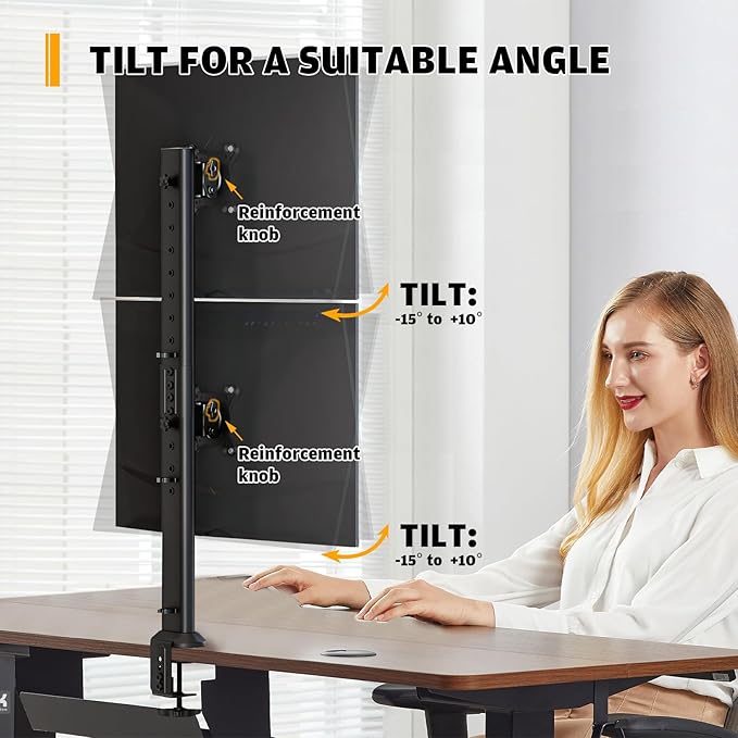 HEMUDU Dual Monitor Articulating Desk Mount Arm Stand - Vertical Stack Screen Supports Two 13 to 34 Inch Computer Monitors with C Clamp