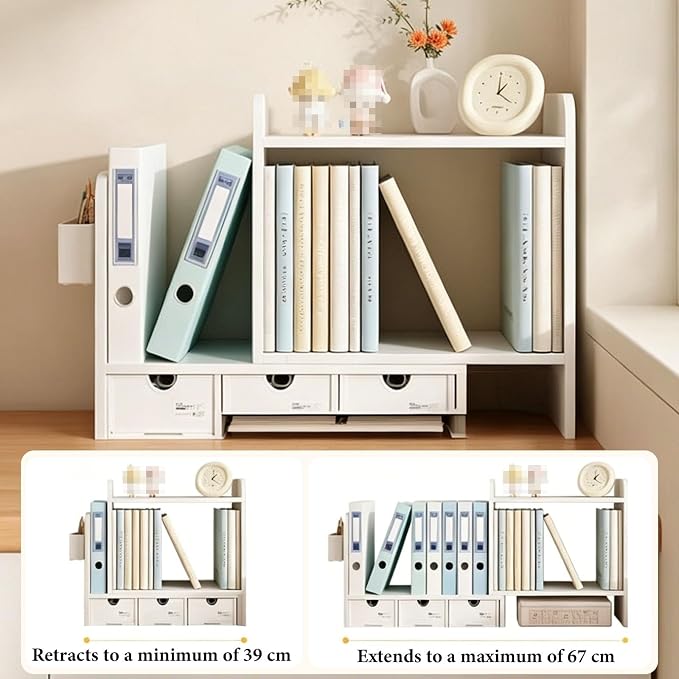 Expandable Desk Hutch Organizer, Desk Storage Rack with Drawers, Corner Desktop Bookshelf Holder for Home Office Workspace Organization